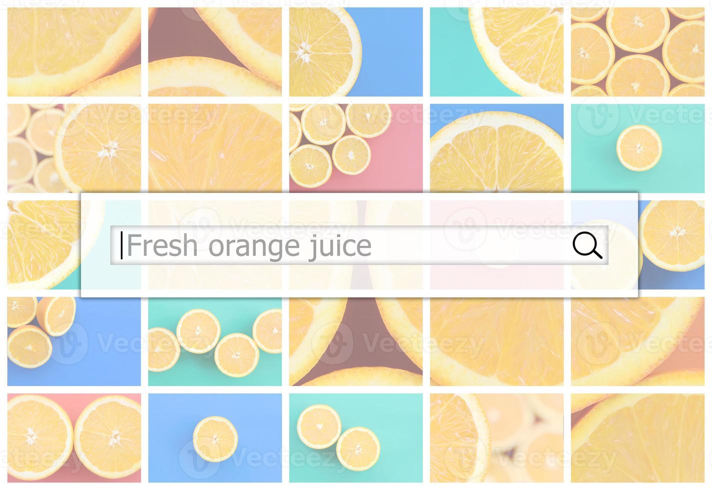 visualización de la barra de búsqueda en el fondo de un collage de muchas imágenes con jugosas naranjas. jugo de naranja fresco foto