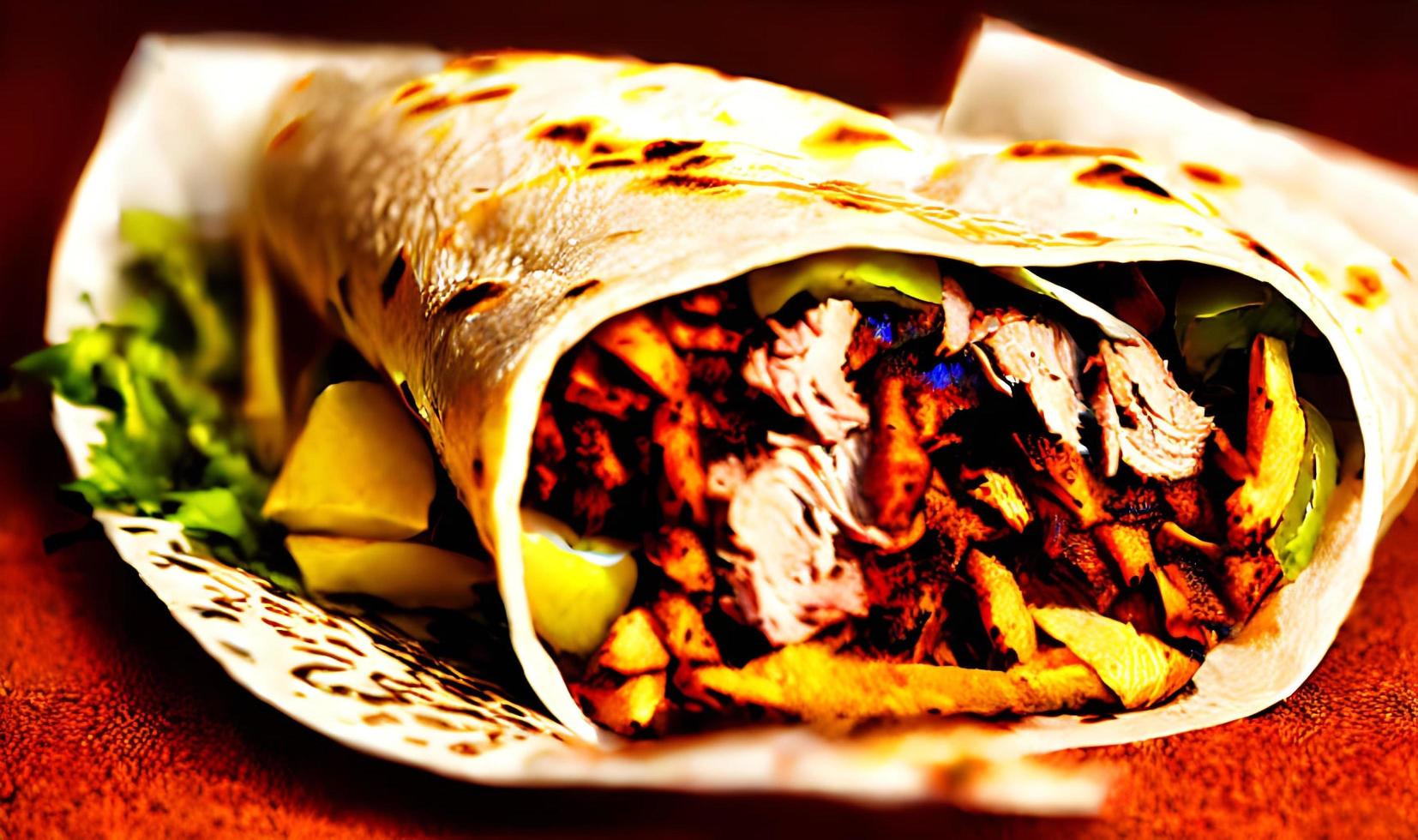 Shawarma. Doner kebab, fresh vegetables and meat. Kebab sandwich close up. photo