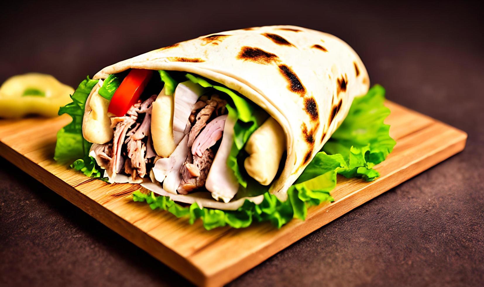 Shawarma. Doner kebab, fresh vegetables and meat. Kebab sandwich close up. photo