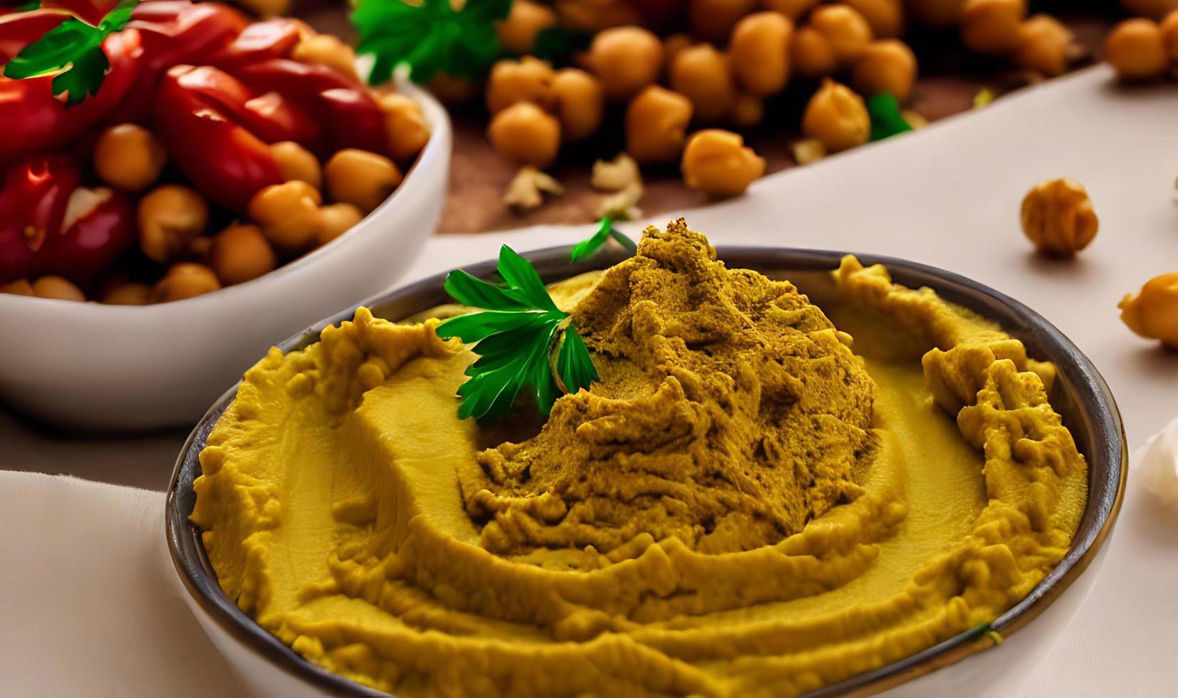 comida sana. hummus orgánico tradicional recién hecho. foto