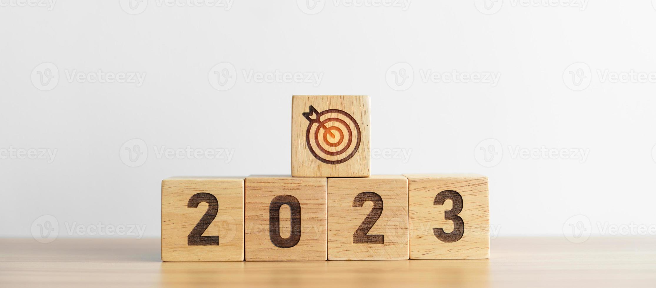 2023 block with dartboard icon. Goal, Target, Resolution, strategy, plan, Action, mission, motivation, and New Year start concepts photo