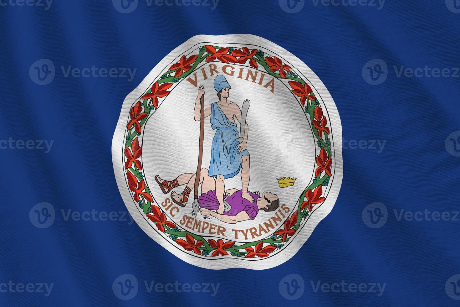 Virginia US state flag with big folds waving close up under the studio light indoors. The official symbols and colors in banner photo