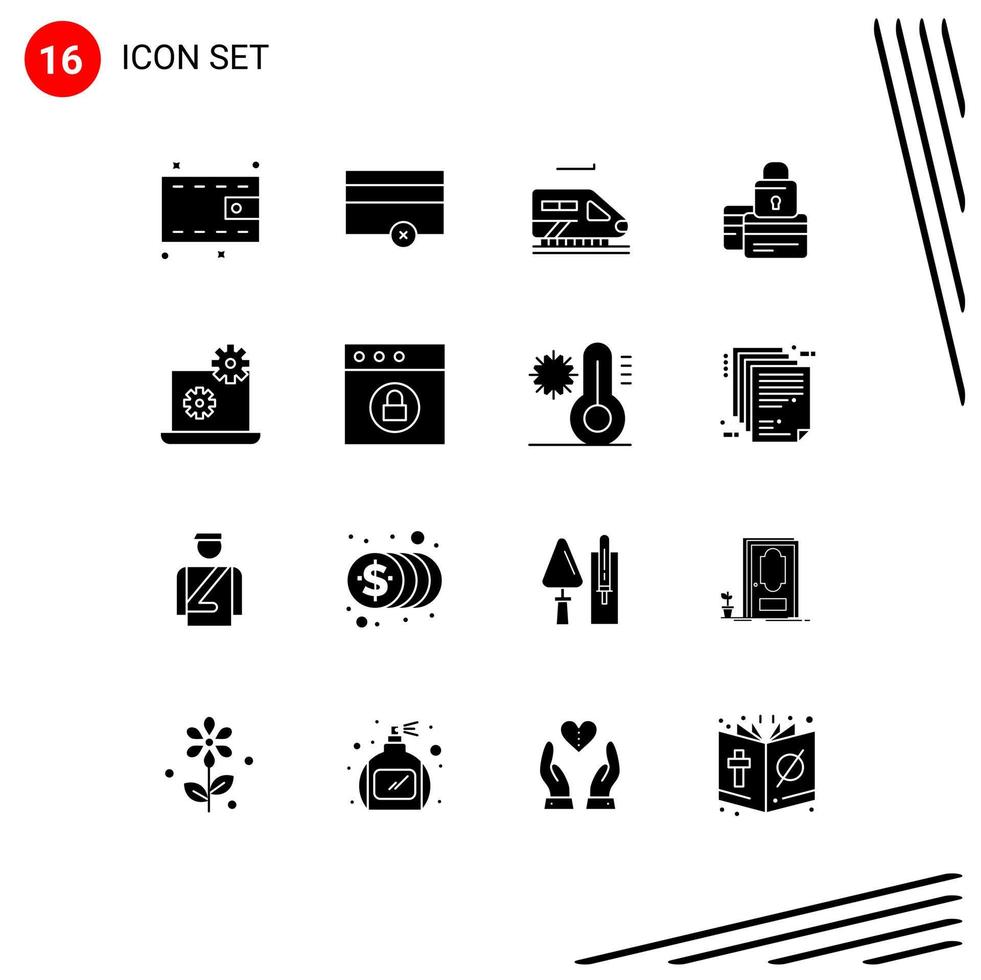 Pack of 16 Modern Solid Glyphs Signs and Symbols for Web Print Media such as setting laptop tunnel security payment Editable Vector Design Elements
