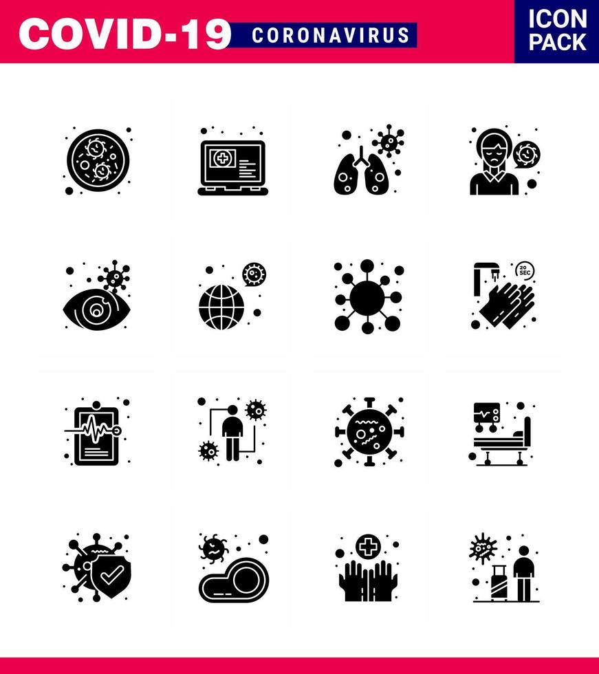 CORONAVIRUS 16 Solid Glyph Black Icon set on the theme of Corona epidemic contains icons such as view eye infedted virus infection pain viral coronavirus 2019nov disease Vector Design Elements