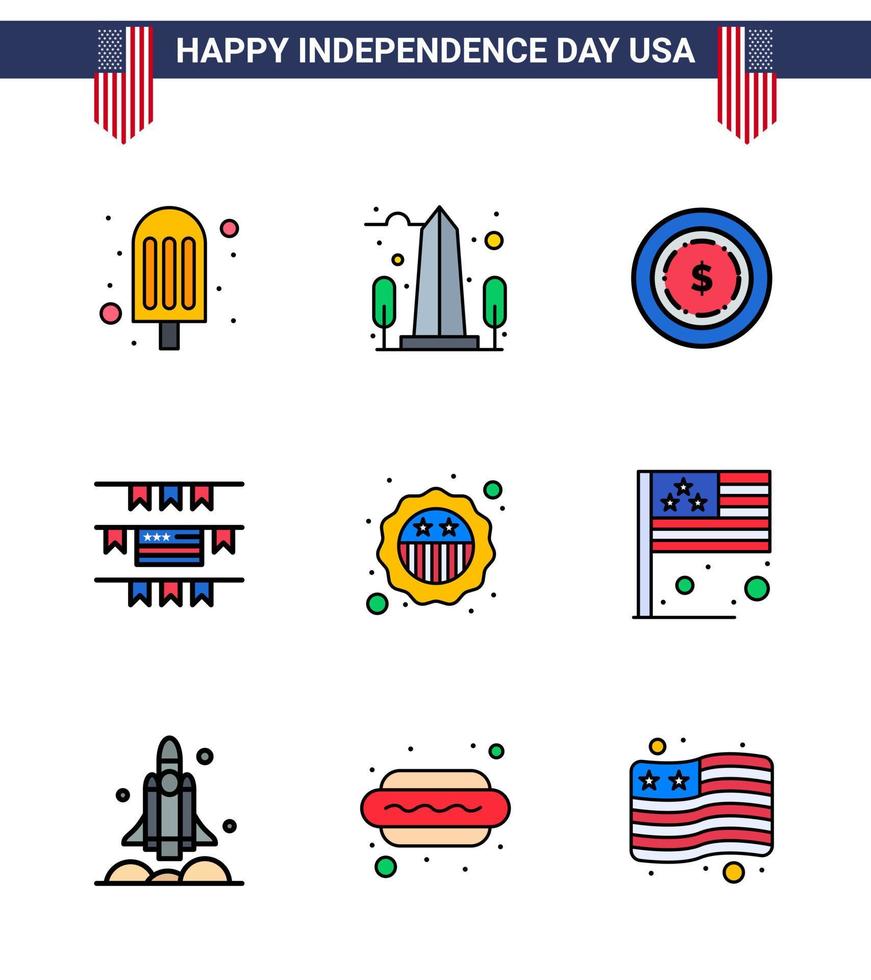 USA Happy Independence DayPictogram Set of 9 Simple Flat Filled Lines of flag security american american party decoration Editable USA Day Vector Design Elements