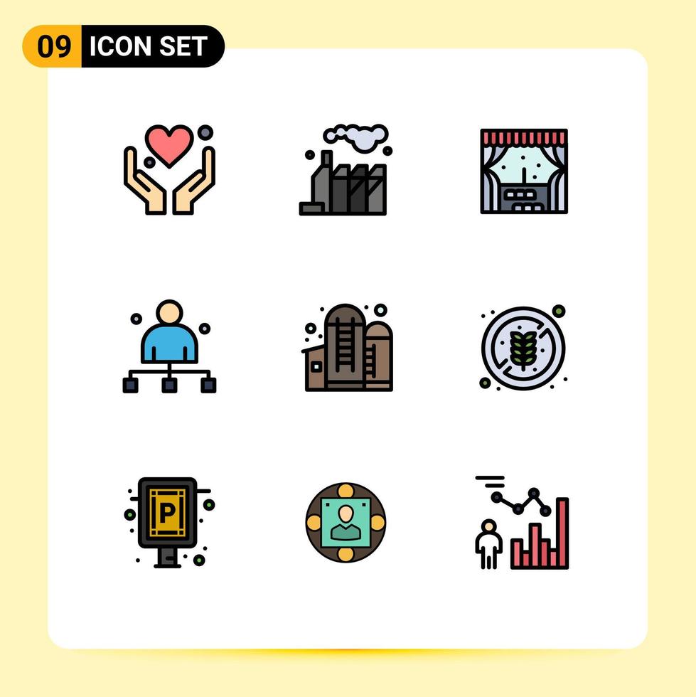 9 User Interface Filledline Flat Color Pack of modern Signs and Symbols of grain agriculture city head chief Editable Vector Design Elements