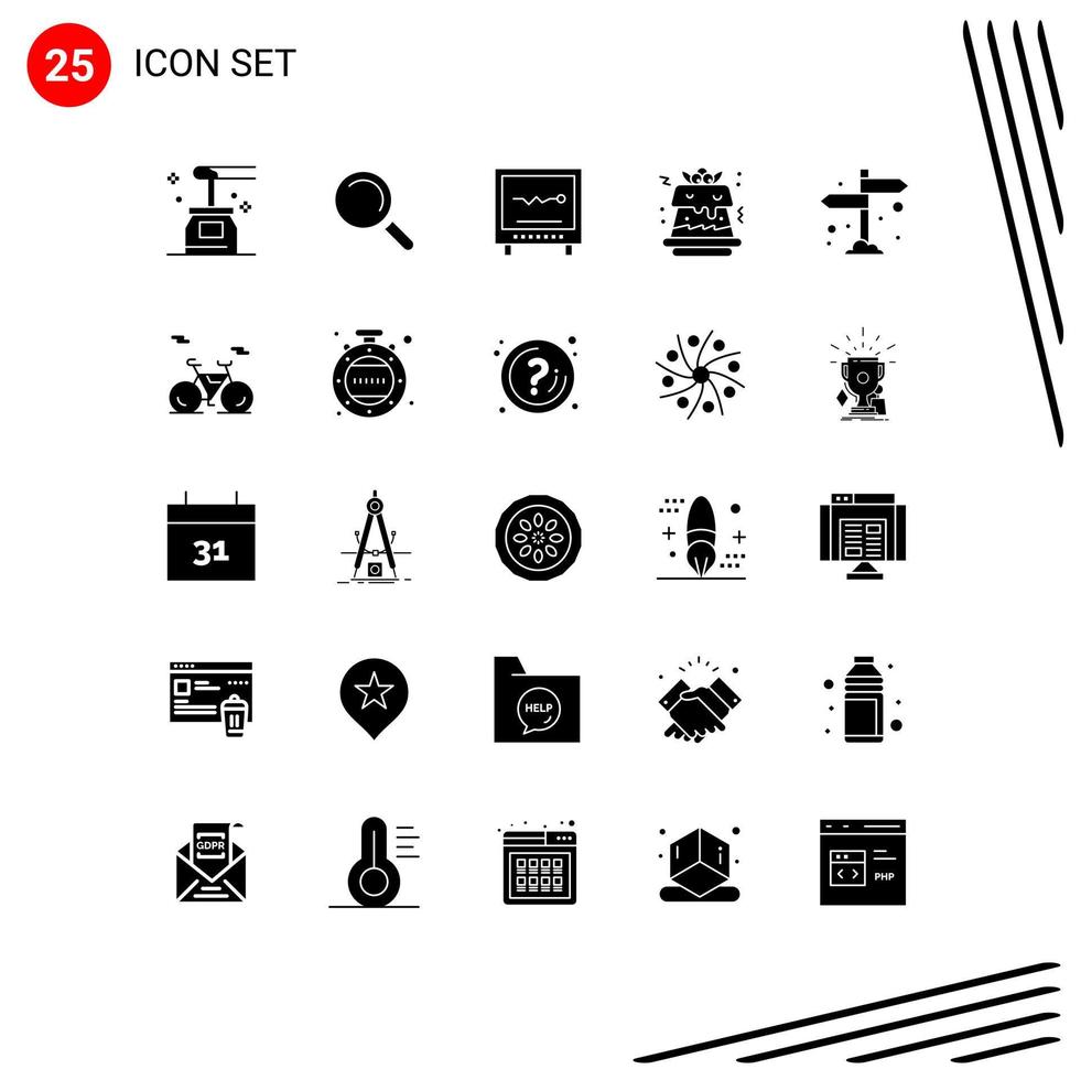 Pack of 25 Modern Solid Glyphs Signs and Symbols for Web Print Media such as camping food cardiogram sweet hospital Editable Vector Design Elements