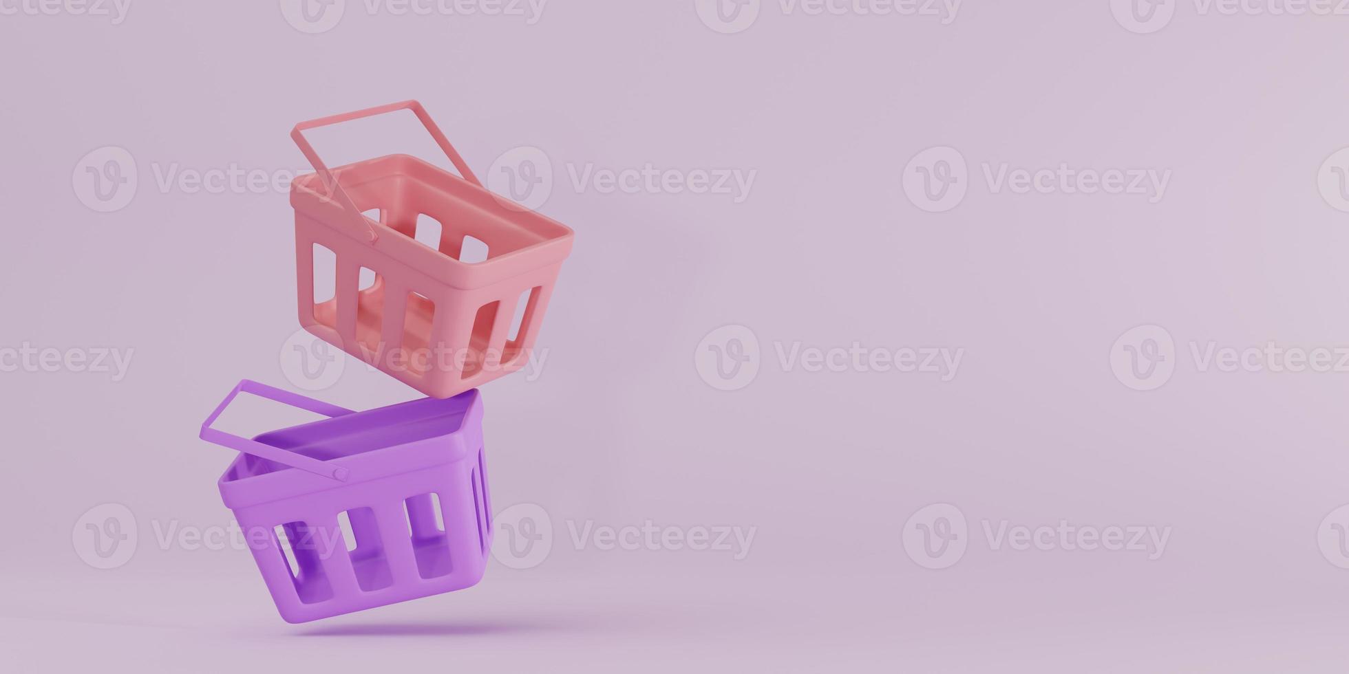 3D rendering illustration Cartoon Empty shopping baskets. supermarket cart. Concept of market event. Grocery basket sale festival, online shopping, digital marketing photo