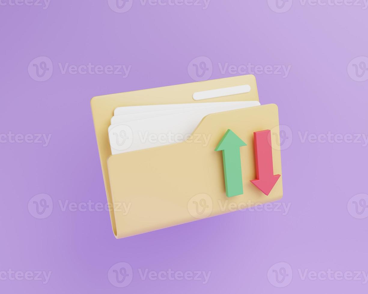 3D rendering illustration Cartoon File transfer concept. File sharing or sending document. documents management, data storage, Copy files, Move a file, data exchange icon photo