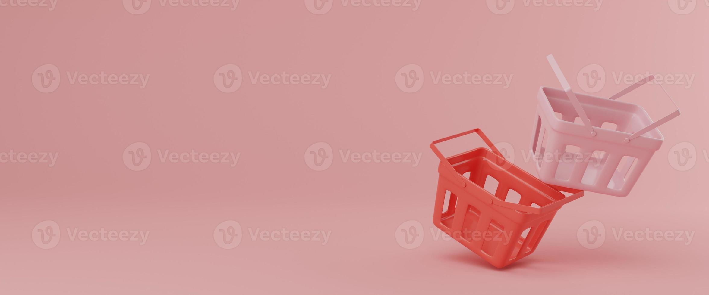 3D rendering illustration Cartoon Empty shopping baskets. supermarket cart. Concept of market event. Grocery basket sale festival, online shopping, digital marketing photo