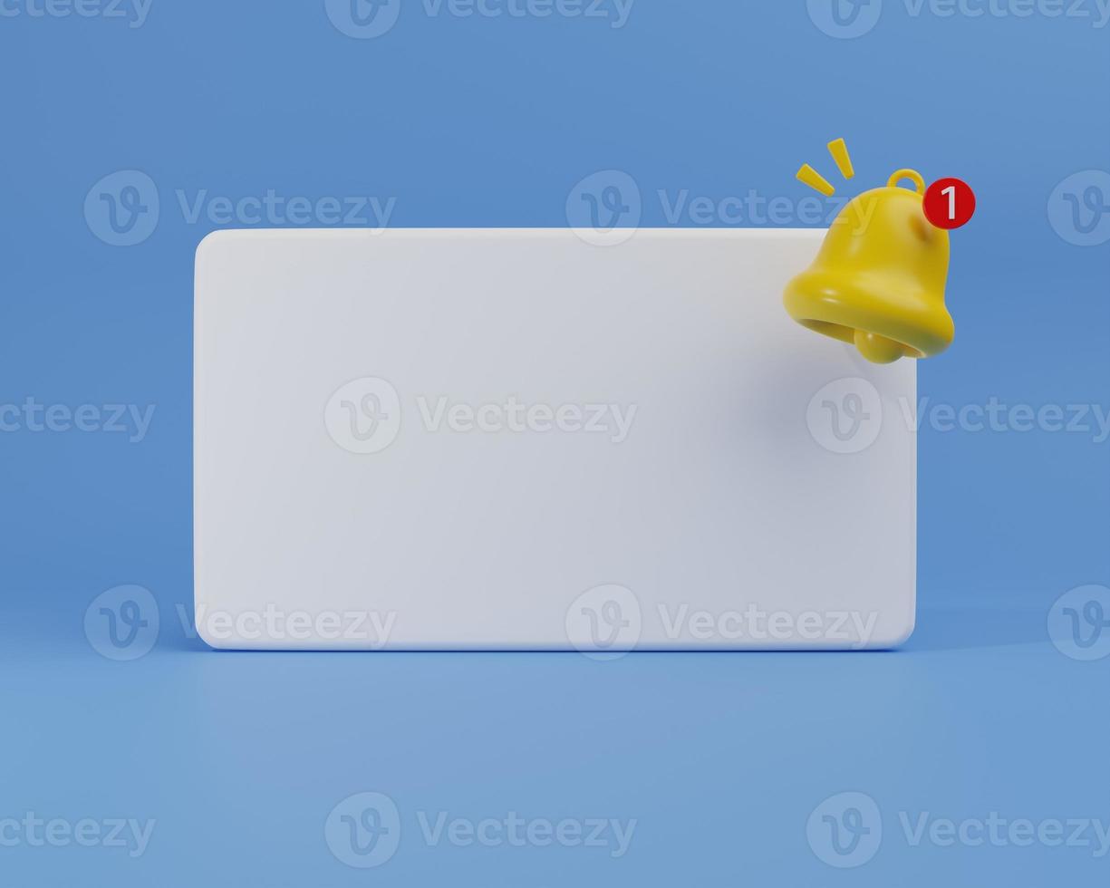 3D rendering illustration Cartoon reminder popup bell push notification icon symbol. symbol for application website ui. Blank note icon copy space for text. Empty application message. photo