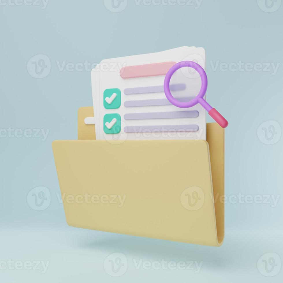 3D rendering illustration Cartoon minimal folder file document and paper business. Management work on project plan symbol. Open read email notification new message. search assignment exam checklist. photo