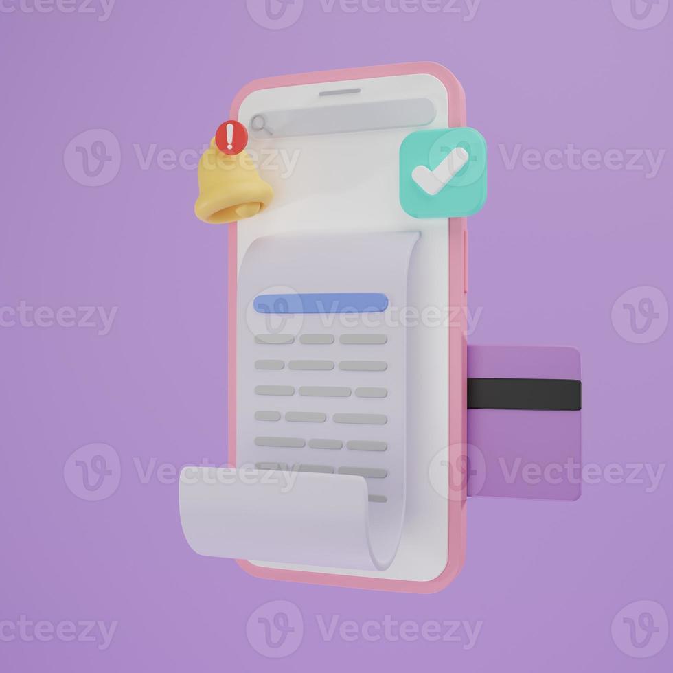 3D rendering illustration Cartoon minimal bill payment with credit card and financial for online shopping.  Easy e bill payment transaction. payment credit card 3D with payment protection concept. photo