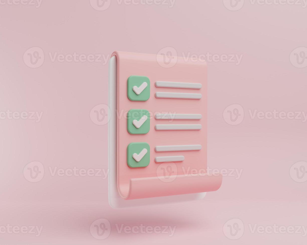 Checklist on 3d clipboard paper. Document in test form with check marks and stripes abstract questions. Clipboard and check marks. illustration.project plan, progress level up concept, assignment icon photo