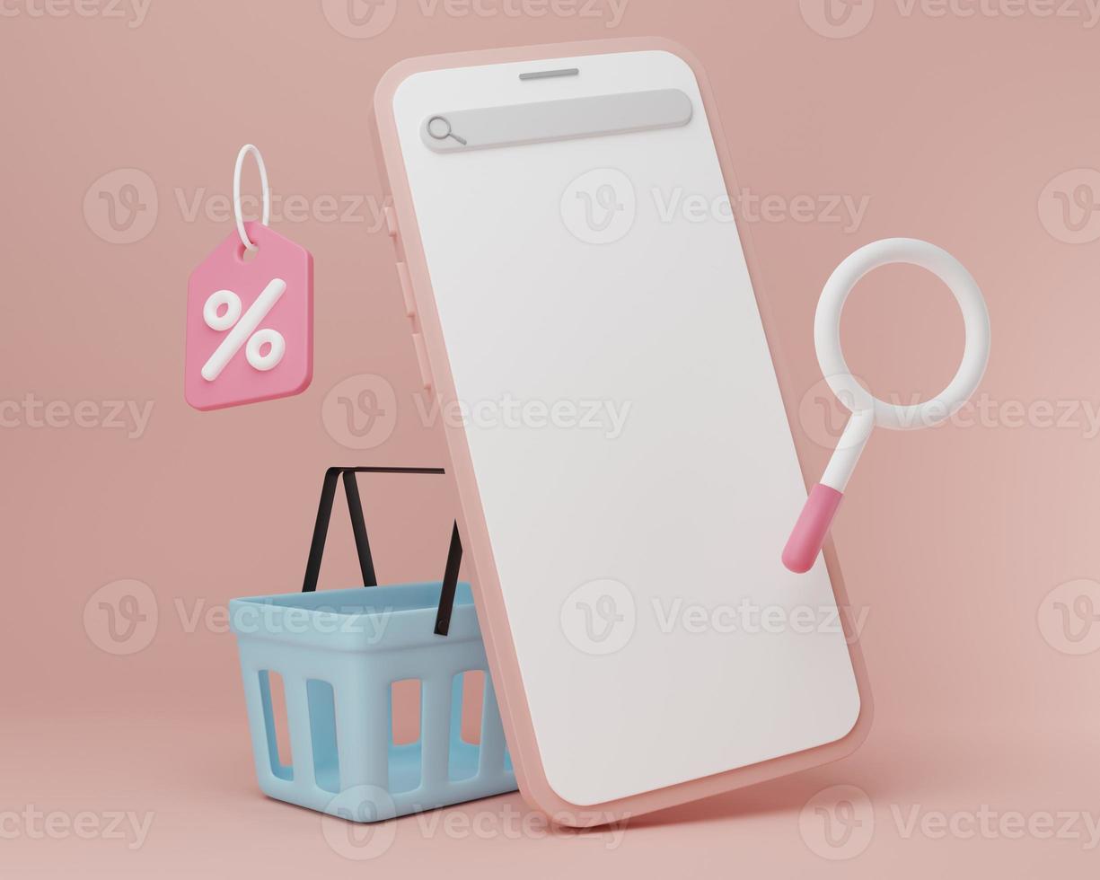 3D rendering illustration Cartoon minimal Smartphone and shopping basket. Online shopping concept. promotion, sale, banner, website, e-commerce concept. photo
