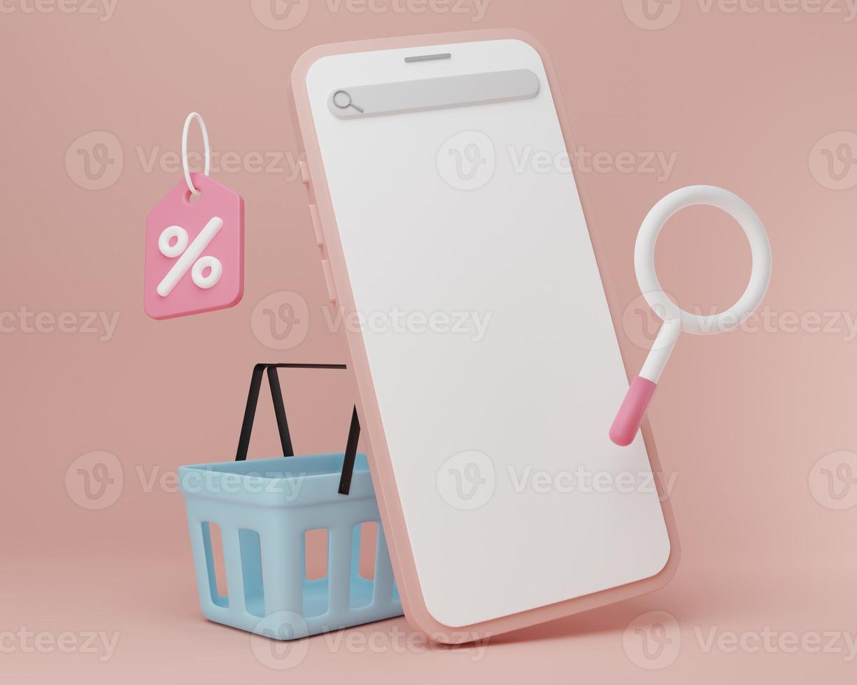 ilustración de representación 3d teléfono inteligente mínimo de dibujos animados y cesta de la compra. concepto de compras en línea. promoción, venta, banner, sitio web, concepto de comercio electrónico. foto