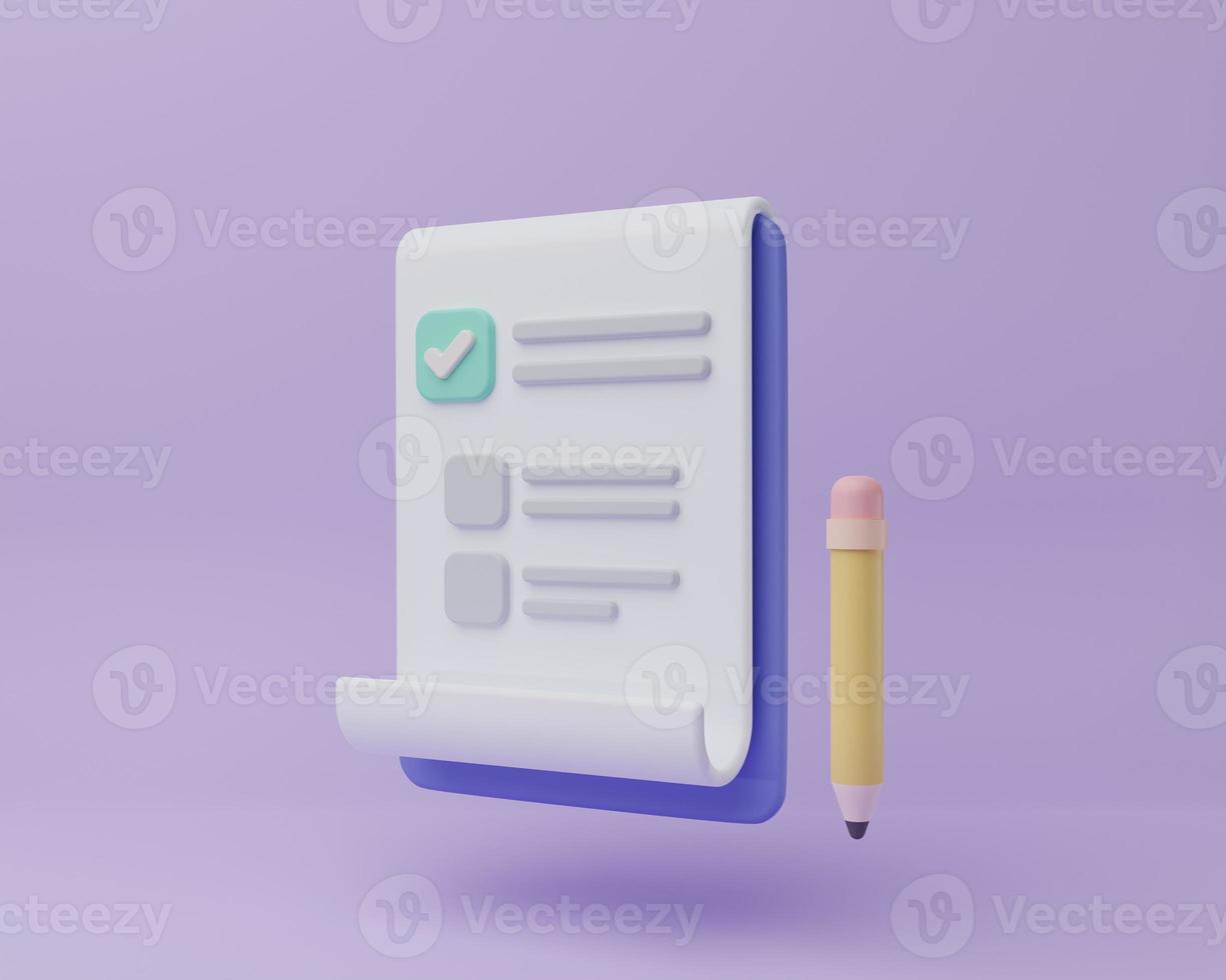 3D rendering illustration Cartoon minimal Checklist on 3d clipboard paper. management todo check list and stripes abstract questions Clipboard and check marks. illustration.project plan photo