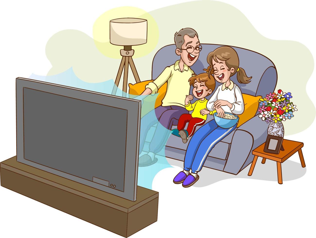 familia viendo vector de dibujos animados de televisión