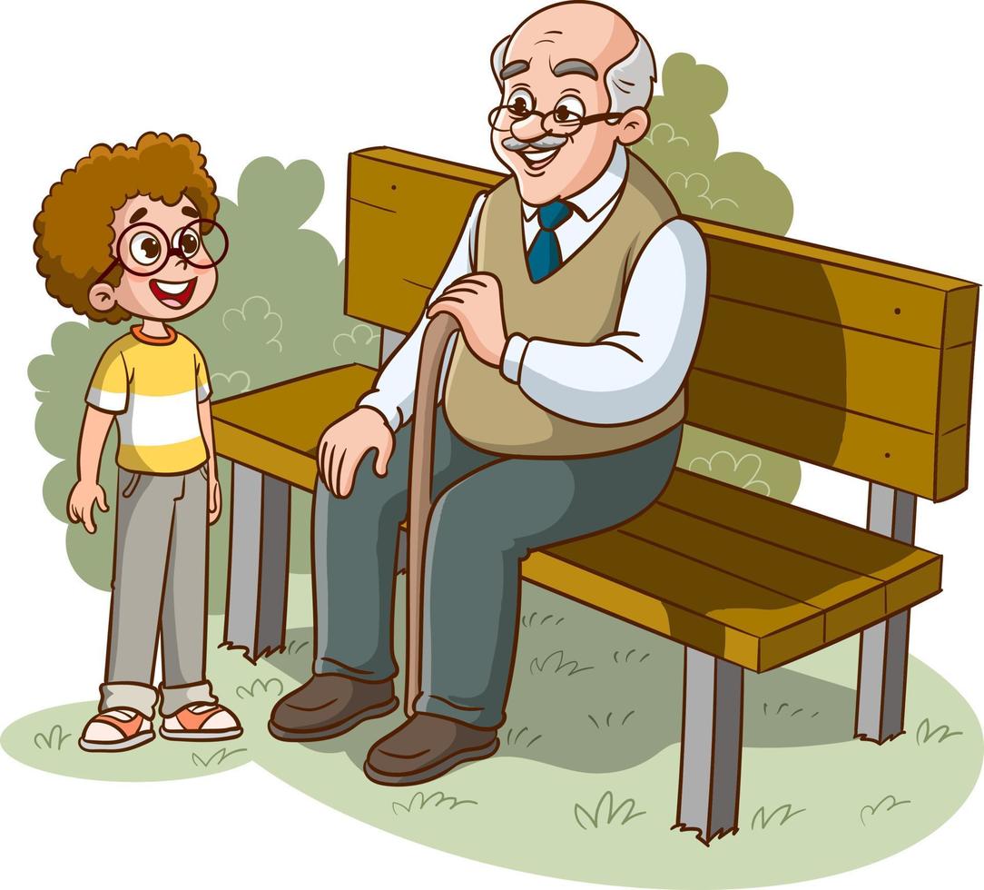 grandparent sitting on bench and grandchild cartoon vector