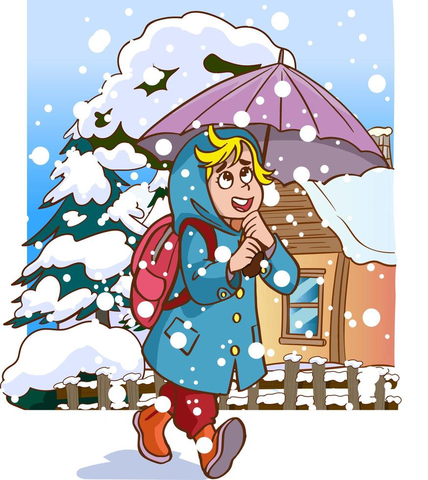 niña de invierno y nevadas de nieve ilustración vectorial de dibujos animados vector