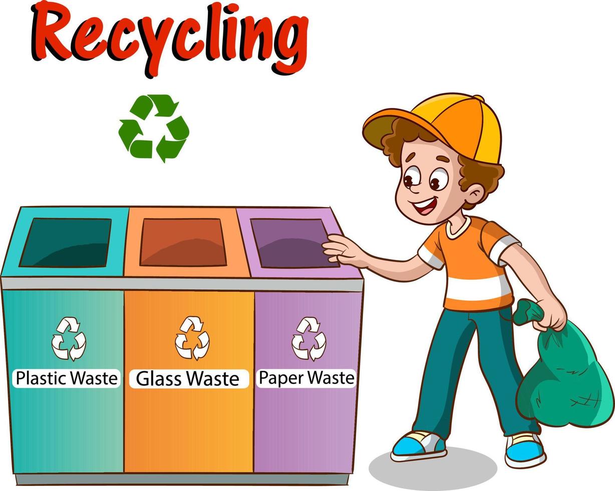 kids throwing garbage in the recycling bin.children polluting the environment cartoon vector