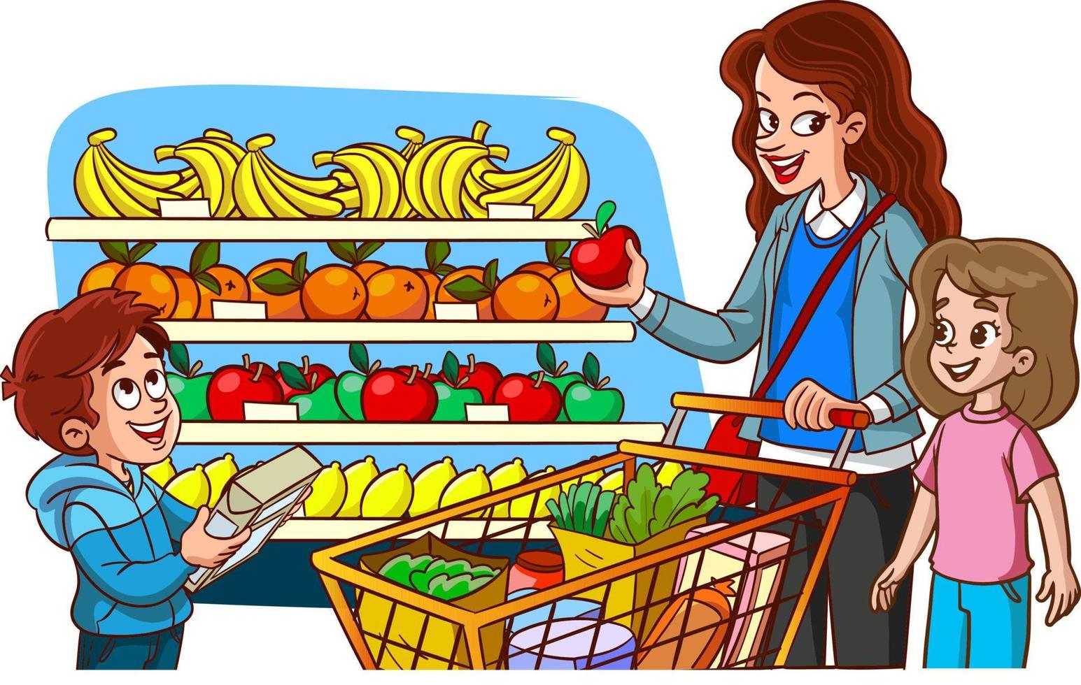 mother and children shopping for groceries cartoon vector