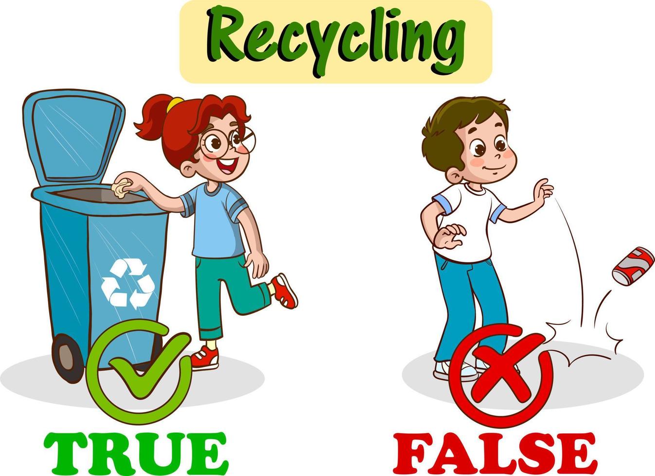 niños tirando basura en la papelera de reciclaje. niños contaminando el medio ambiente vector de dibujos animados
