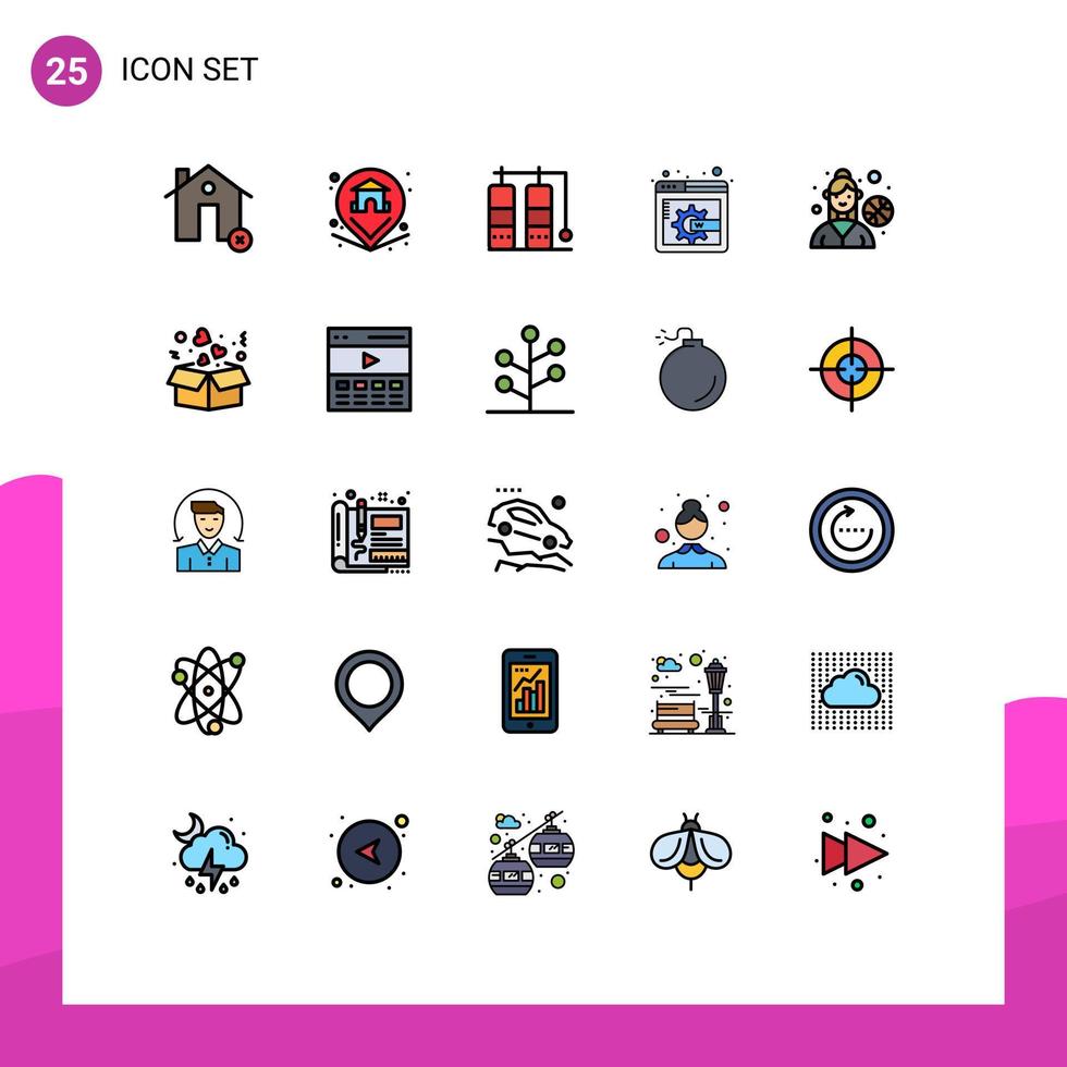 paquete de 25 modernos signos y símbolos de colores planos de línea rellena para medios de impresión web, como elementos de diseño de vectores editables de contenido de página de visualización de jugador de baloncesto en casa