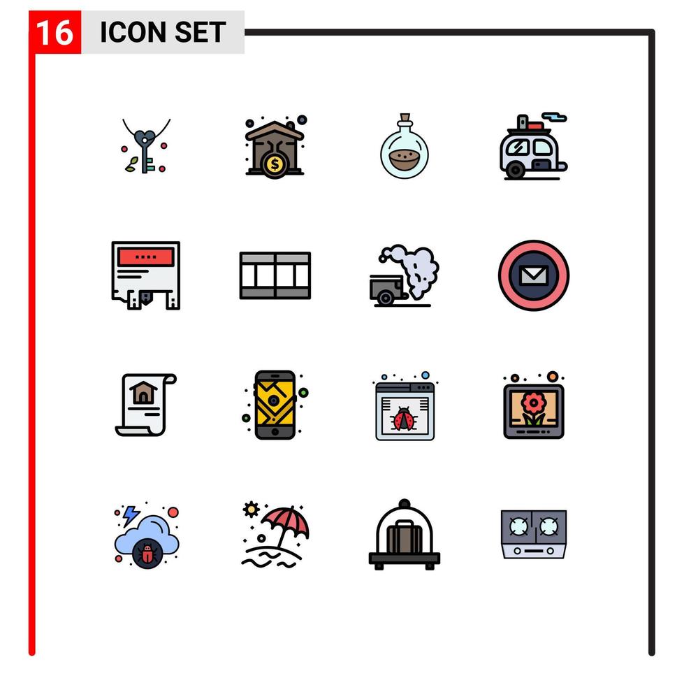Mobile Interface Flat Color Filled Line Set of 16 Pictograms of ad trailer perfume tourism camp Editable Creative Vector Design Elements