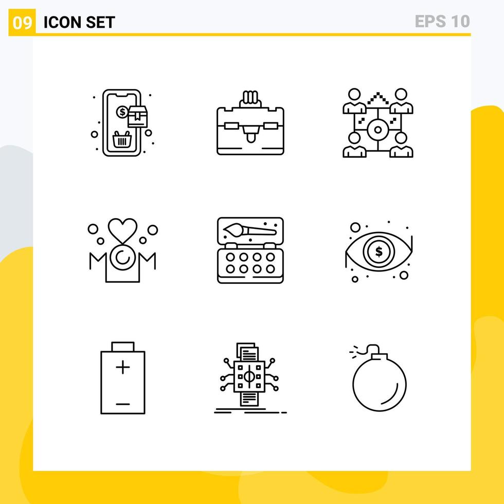 User Interface Pack of 9 Basic Outlines of arts mother network love heart Editable Vector Design Elements