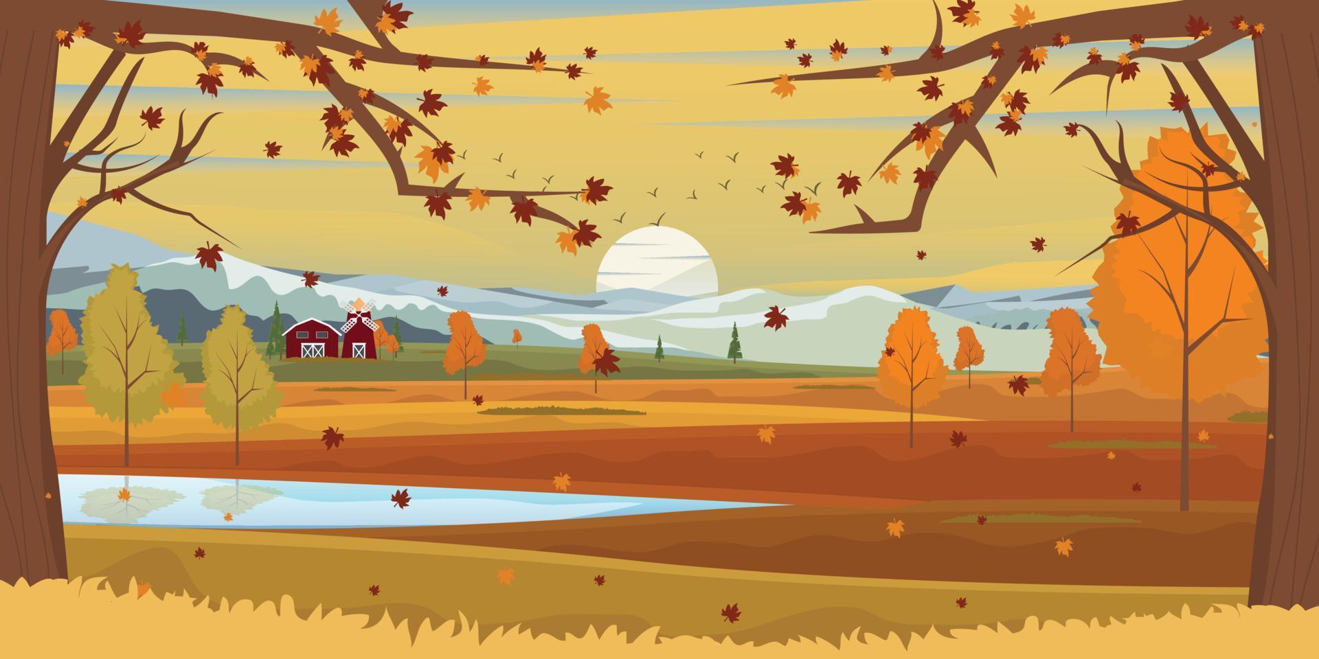 A scenic view in an autumn background, well-defined flat illustration vector
