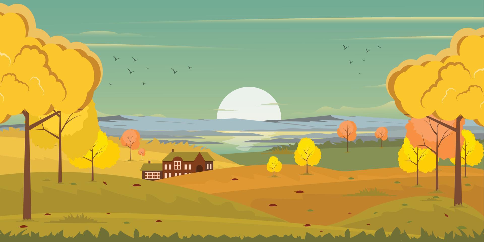 A scenic view in an autumn background, well-defined flat illustration vector