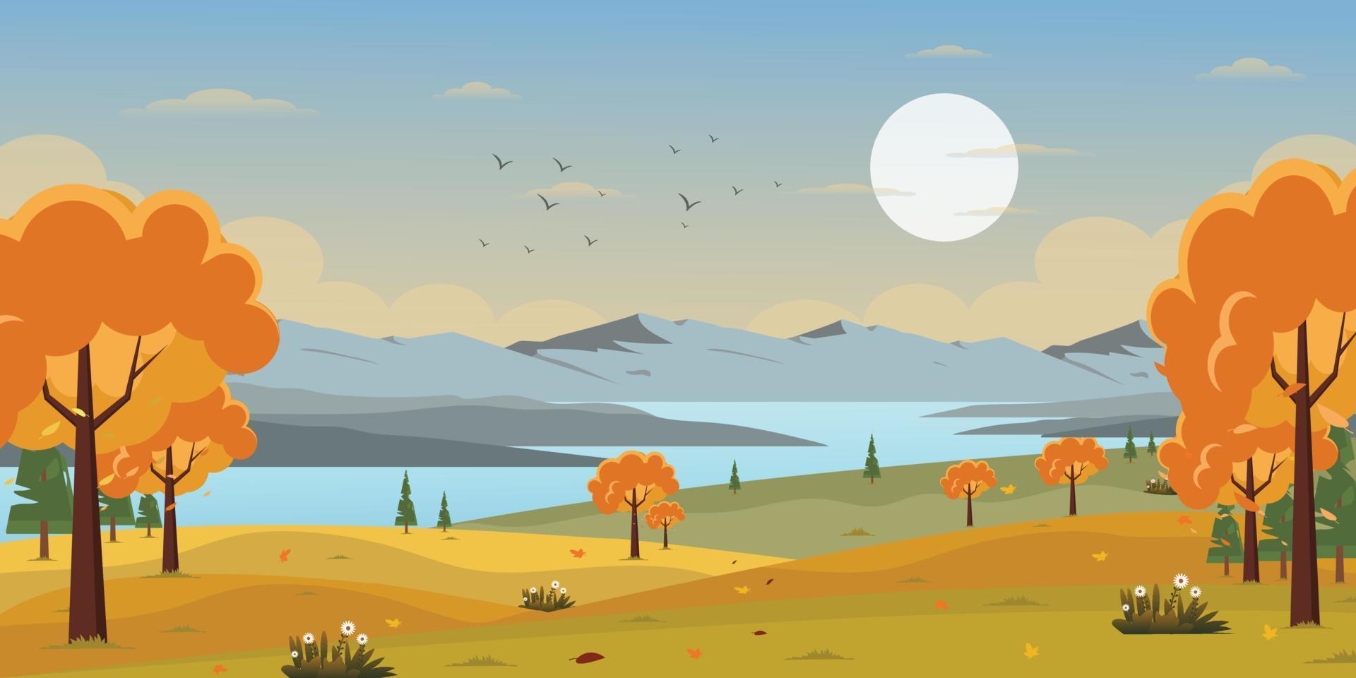 A scenic view in an autumn background, well-defined flat illustration vector