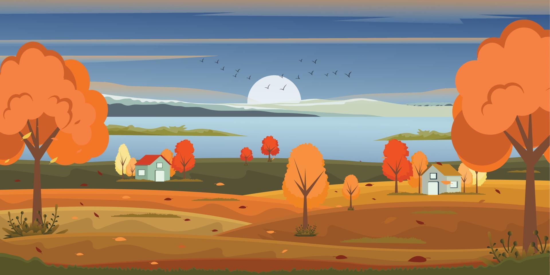 A scenic view in an autumn background, well-defined flat illustration vector