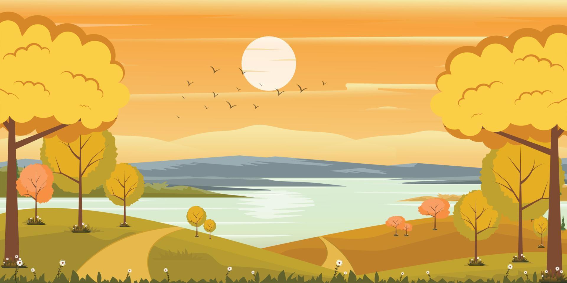 A scenic view in an autumn background, well-defined flat illustration vector