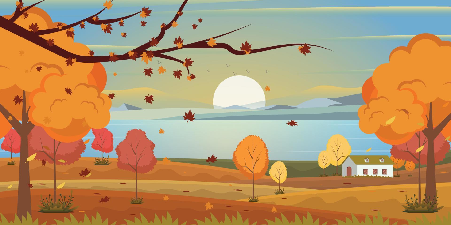 A scenic view in an autumn background, well-defined flat illustration vector