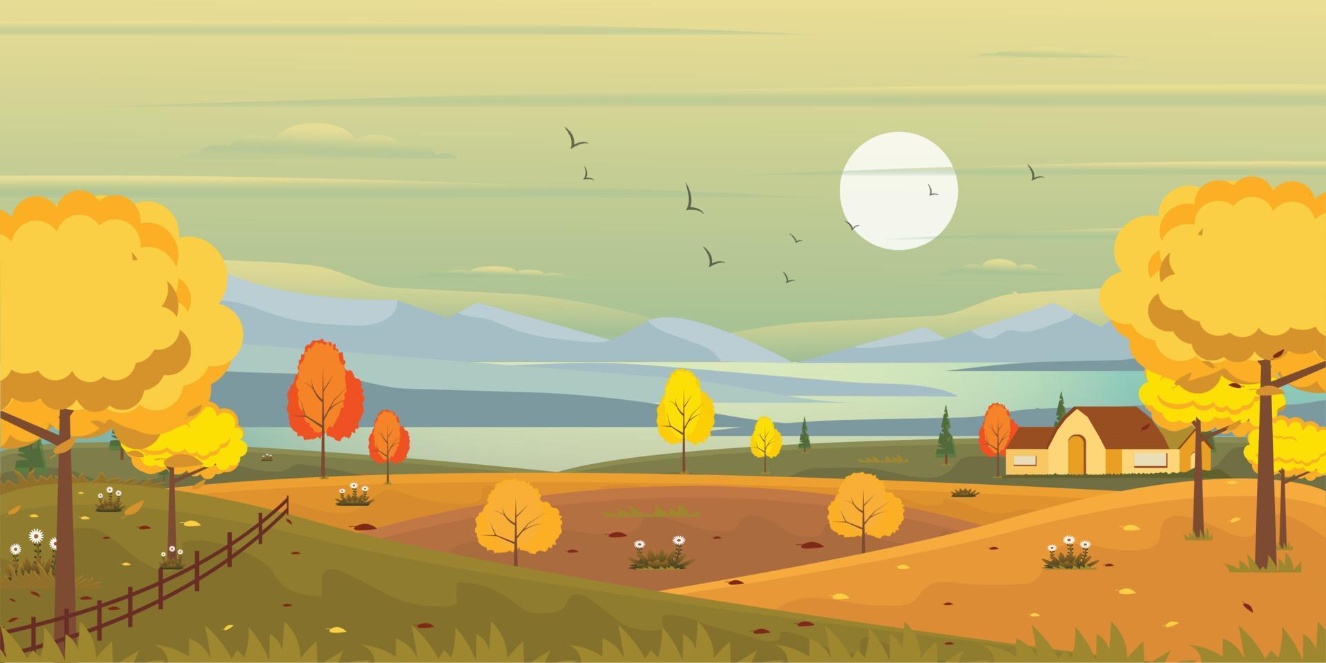 una vista panorámica en un fondo otoñal, ilustración plana bien definida vector