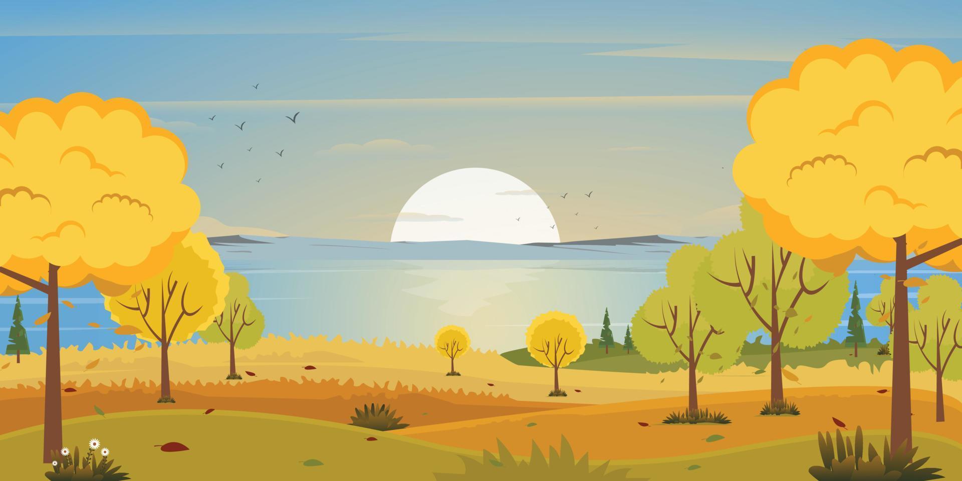 A scenic view in an autumn background, well-defined flat illustration vector