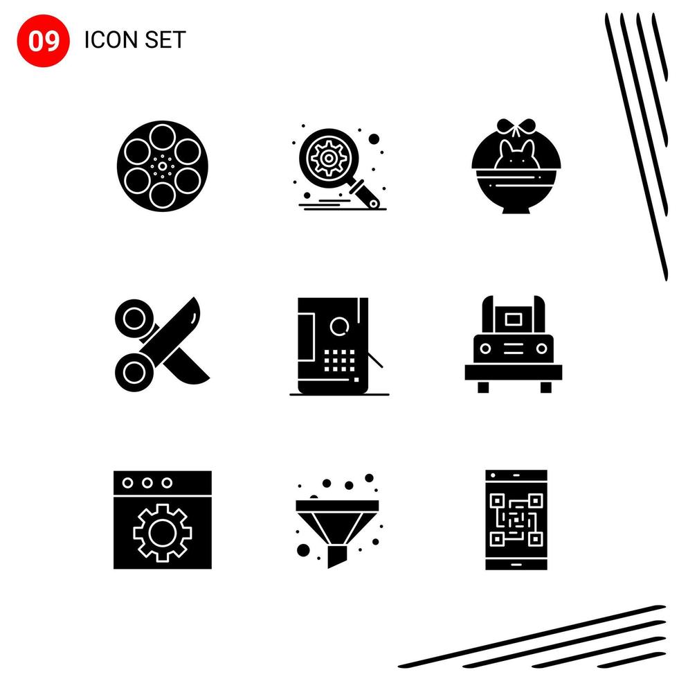 colección de 9 iconos vectoriales en estilo sólido. símbolos de glifos perfectos de píxeles para web y móvil. signos de icono sólido sobre fondo blanco. 9 iconos. vector