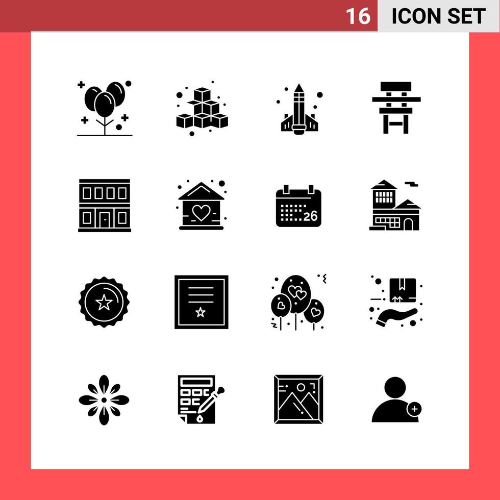 Paquete de 16 iconos de símbolos de glifo de estilo sólido sobre fondo blanco. señales simples para el diseño general. vector