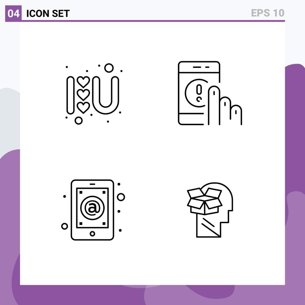 4 Thematic Vector Filledline Flat Colors and Editable Symbols of heart app love sign contact inbox Editable Vector Design Elements