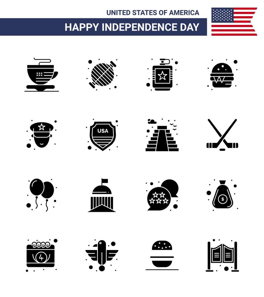 Happy Independence Day USA Pack of 16 Creative Solid Glyphs of man food alcoholic fast liquid Editable USA Day Vector Design Elements