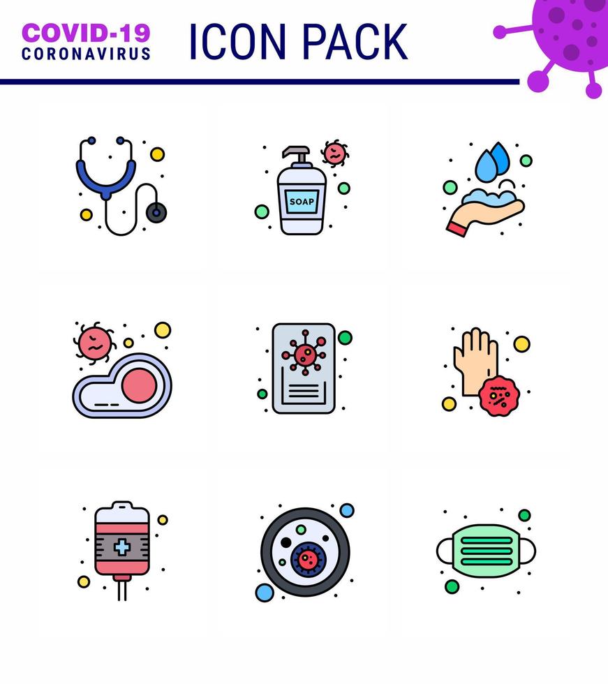 conjunto de iconos covid19 para infografía paquete de color plano de 9 líneas rellenas, como informe de transmisión de manos de virus alimentos coronavirus viral 2019nov elementos de diseño de vectores de enfermedades