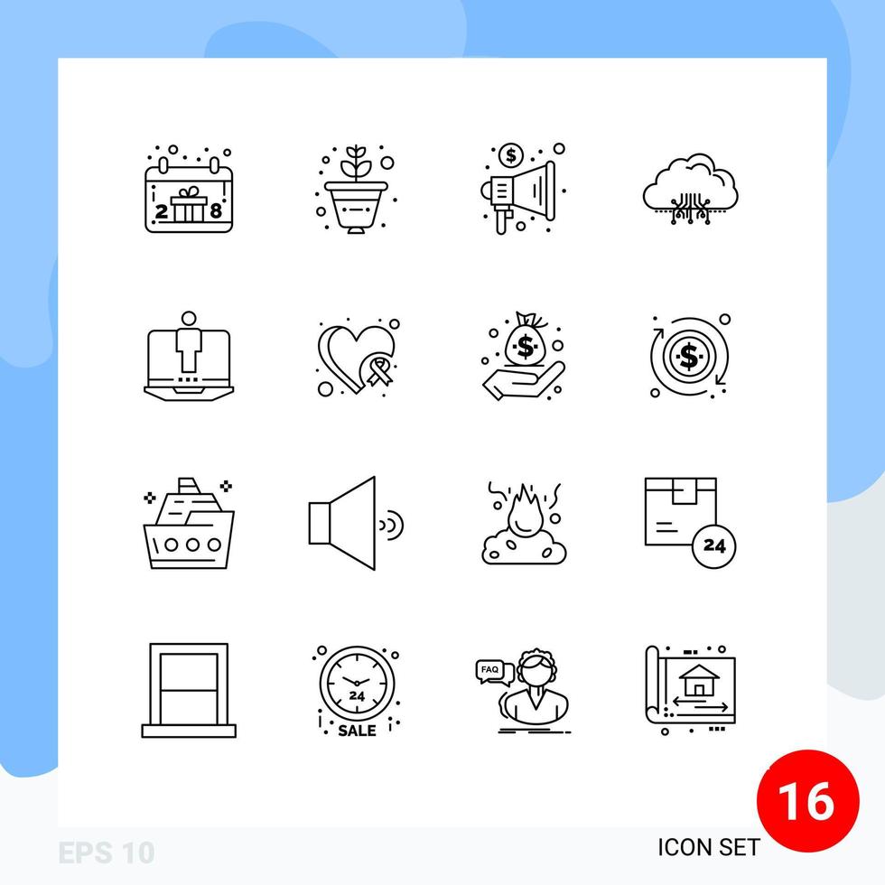 Set of 16 Vector Outlines on Grid for computer network marketing hosting computing Editable Vector Design Elements