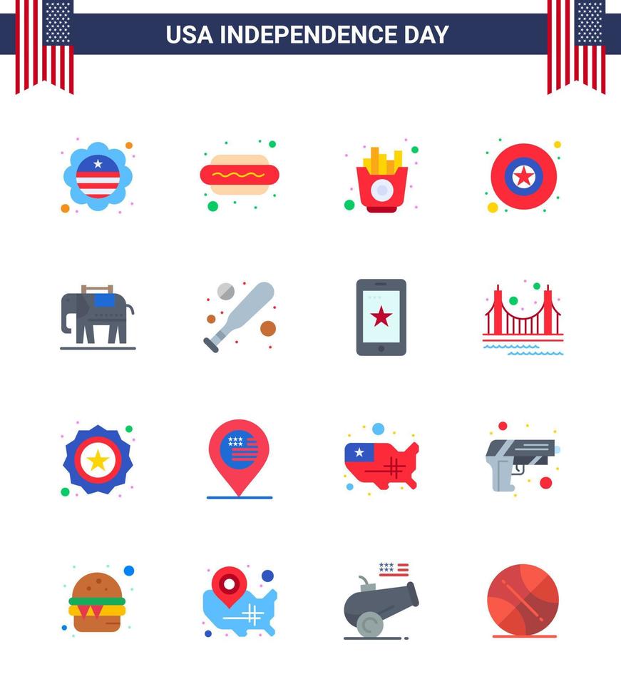 conjunto plano del día de la independencia de estados unidos de 16 pictogramas de estados unidos de estados unidos insignia de estrella rápida elementos de diseño de vector de día de estados unidos editables