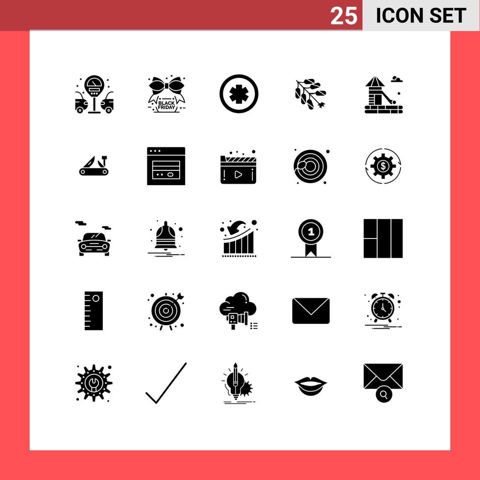 Group of 25 Solid Glyphs Signs and Symbols for park slider medicine firecracker china Editable Vector Design Elements