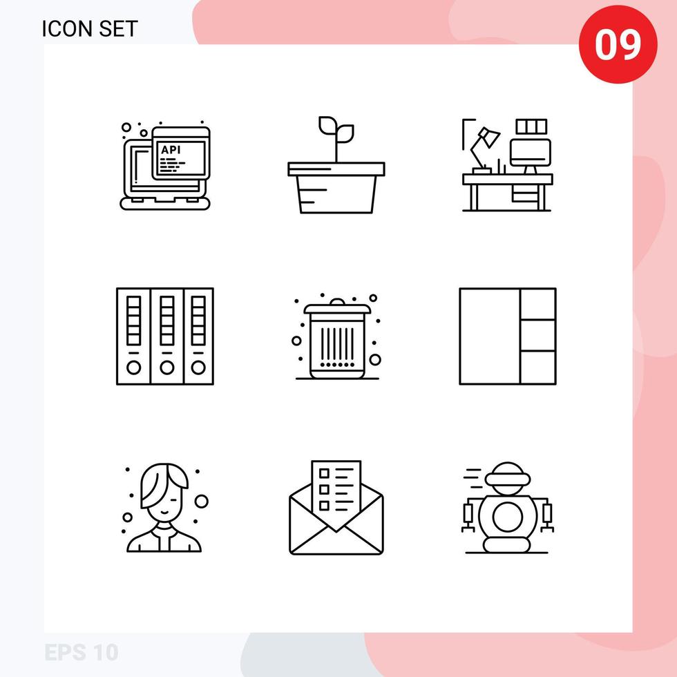 Modern Set of 9 Outlines and symbols such as dustbin finance designer file folder archive Editable Vector Design Elements