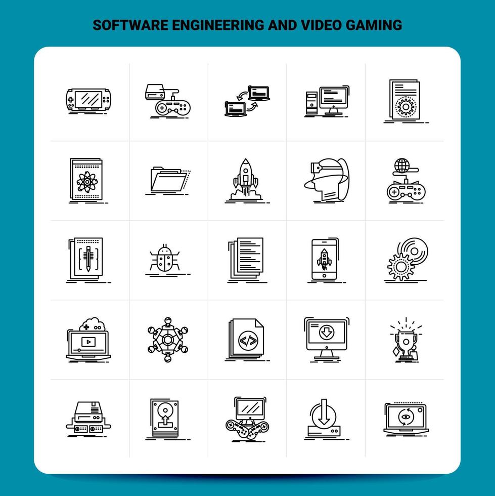 esquema 25 conjunto de iconos de ingeniería de software y juegos de video diseño de estilo de línea vectorial conjunto de iconos negros paquete de pictogramas lineales diseño de ideas de negocios web y móviles ilustración vectorial vector