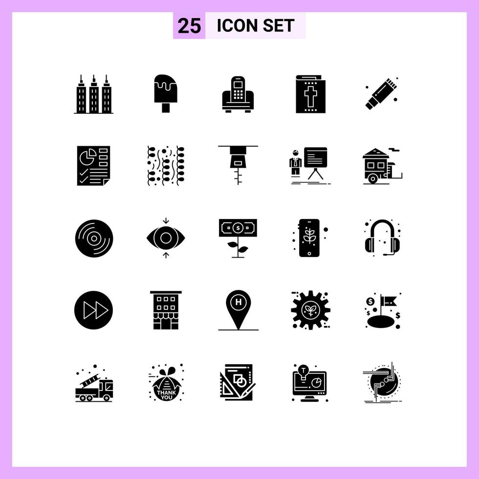 Solid Glyph Pack of 25 Universal Symbols of rubber remove device holiday bible Editable Vector Design Elements