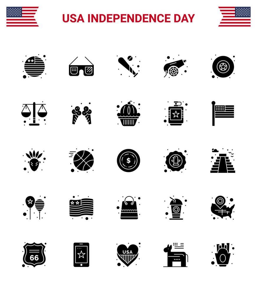 Happy Independence Day 25 Solid Glyph Icon Pack for Web and Print military weapon baseball war army Editable USA Day Vector Design Elements